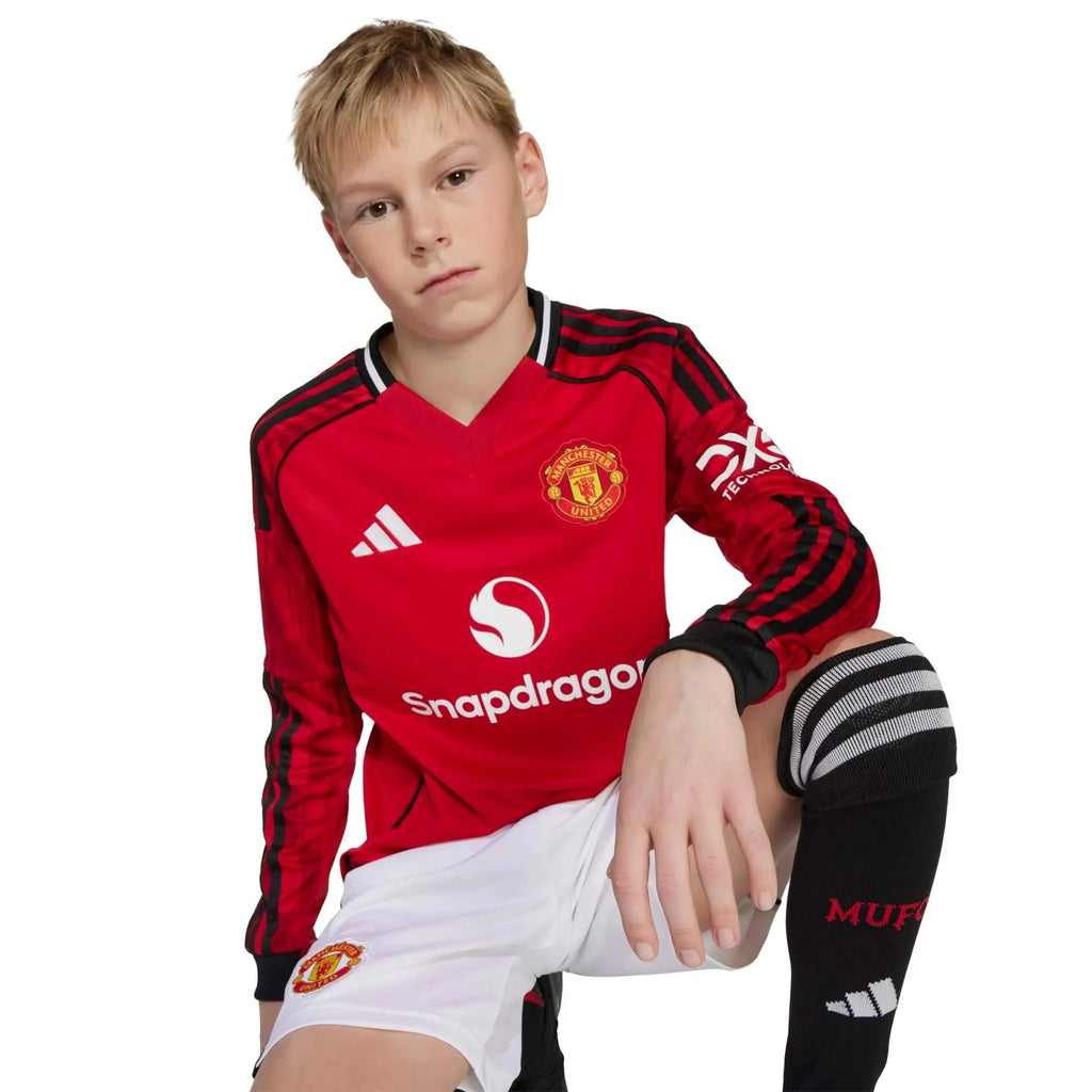 adidas 2025-26 Manchester United Youth Stadium Home Long-Sleeve Soccer Jersey