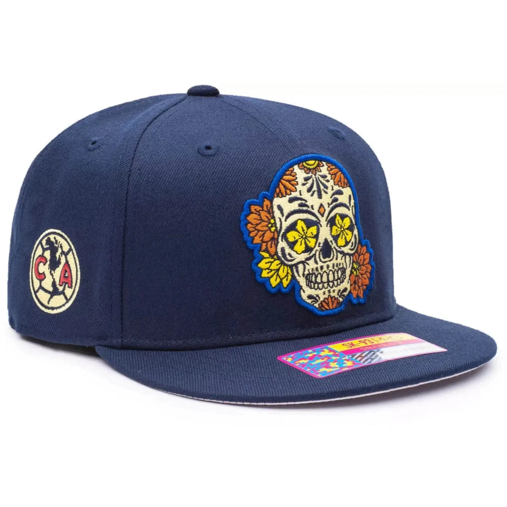 Fan Ink Collection Club America Day of the Dead Skull Snapback Hat -Navy-Yellow