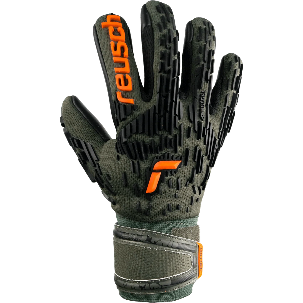 Reusch JR Attrakt Freegel Silver Finger Support Goalkeeper Gloves - Desert Green-Orange-Black